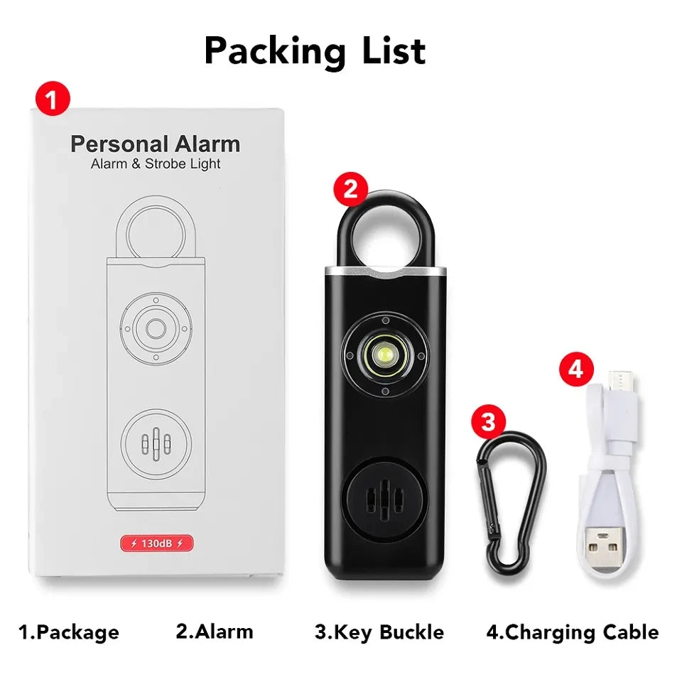 130dB Personal Safety Alarm Keychain with LED Light – Rechargeable Self Defense