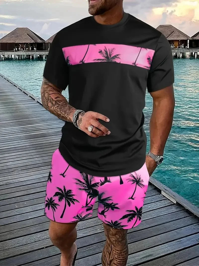 Men's Cartoon & Letter Print Crewneck T-Shirt & Elastic Shorts Set