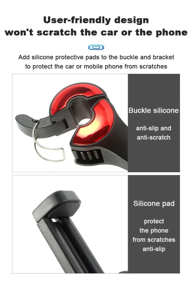 An informational product graphic showing a black car phone mount with a red illuminated ring and text callouts explaining silicone protective pads for the buckle and phone, plus a close-up of the silicone pad.
