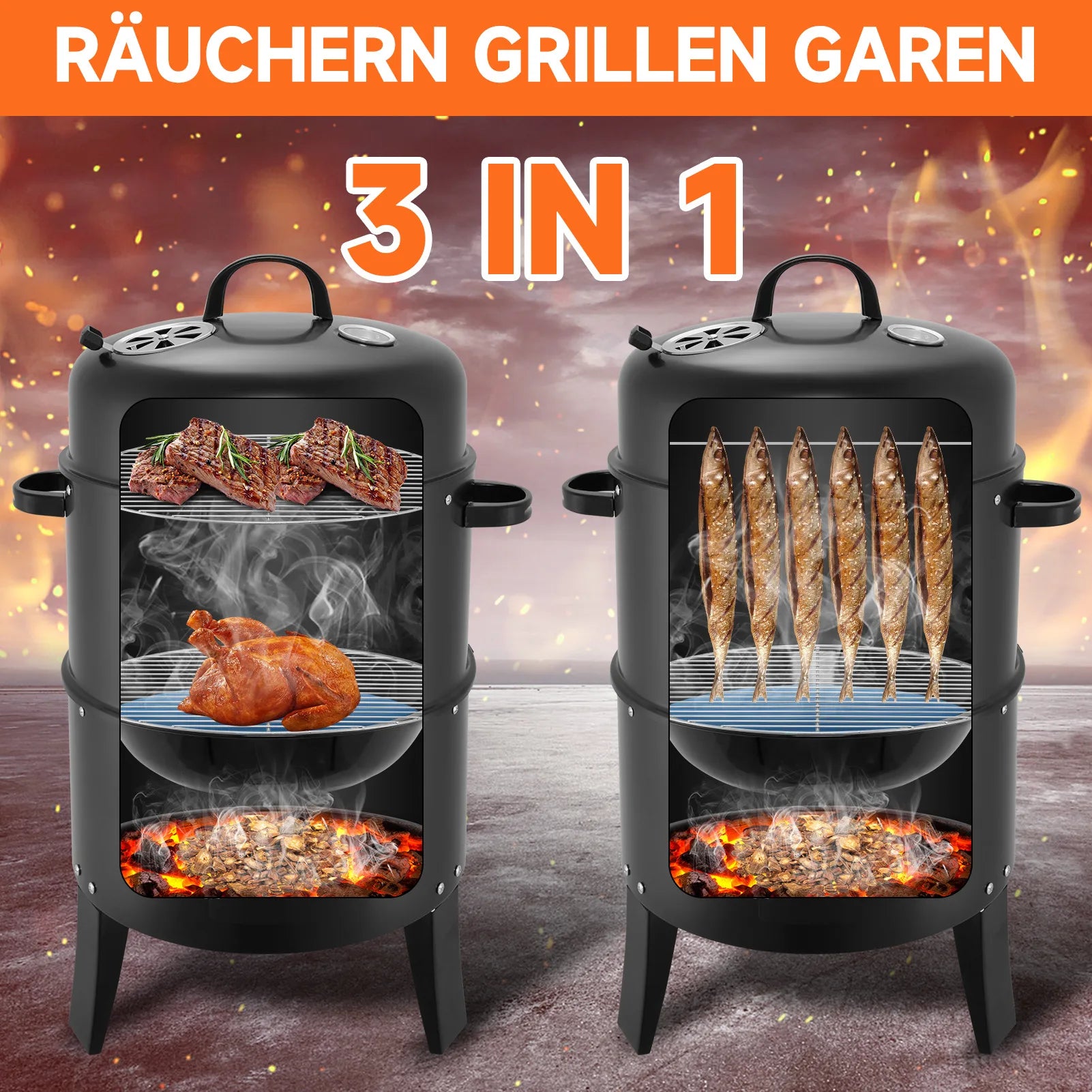3-in-1 Vertical Portable Smoker Grill | 400 Sq. In., Detachable 2-Layer Design, Built-in Thermometer, Camping & Backyard BBQ