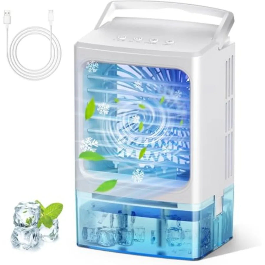 Portable air conditioners for car, bedroom, office, desk, RV, room: 3-in-1 mini AC unit with icy mist, 900ML water tank, 3-spee