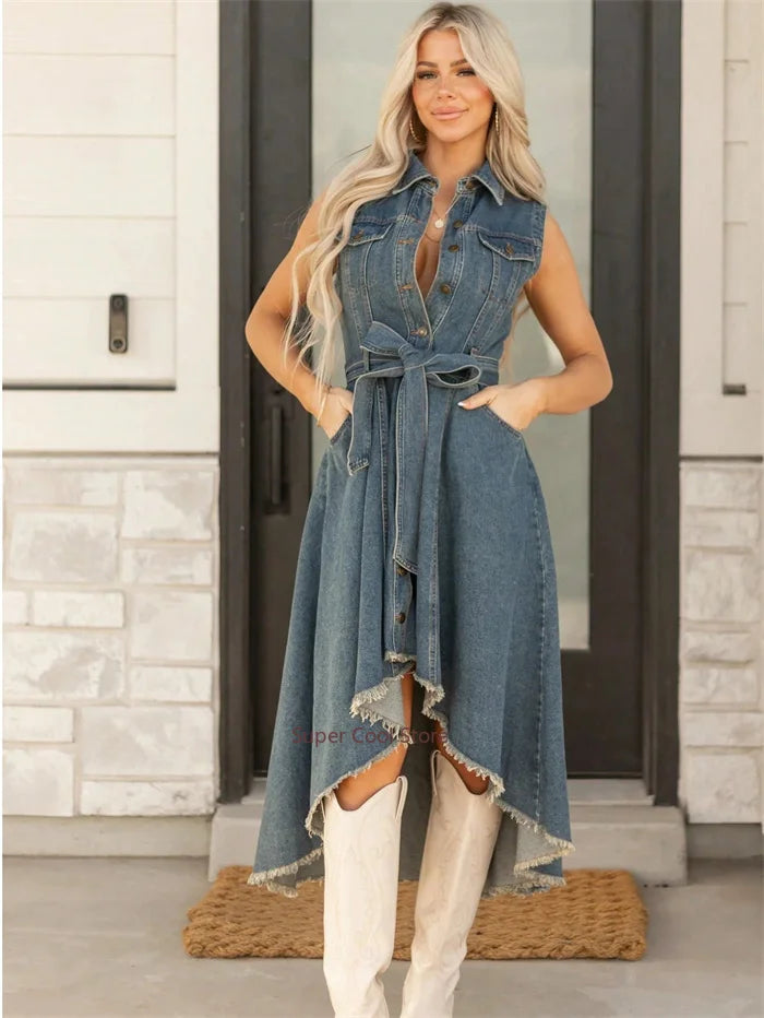 Denim Dresses For Women Sleeveless Sexy Irregular Girl Fashion A-Line Long Tunic Dress Lady Lace-Up Female Jeans Clothes
