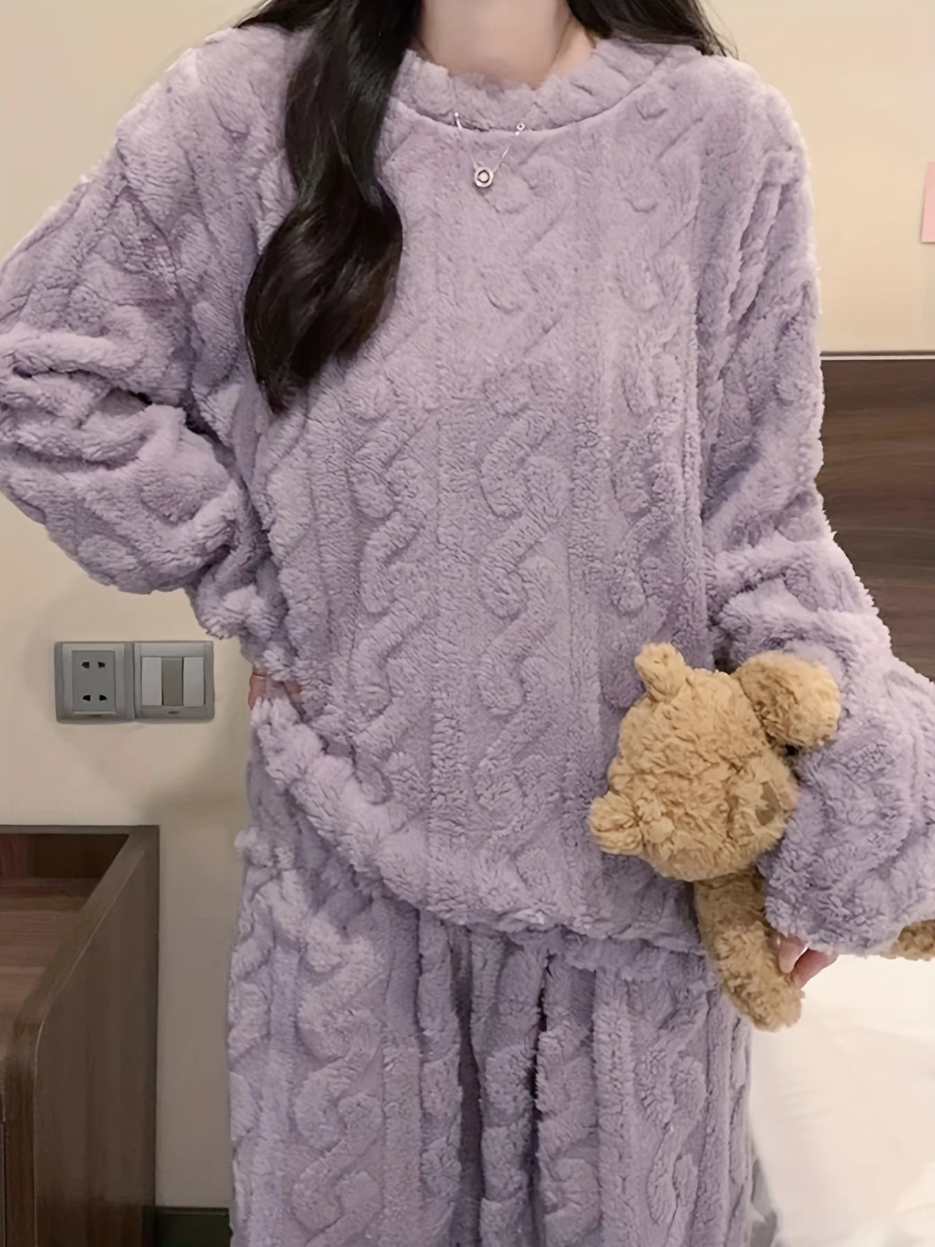 Women's Winter Plush Fleece Pajama Set – Thick Warm Jacquard Loungewear, 6 Colors