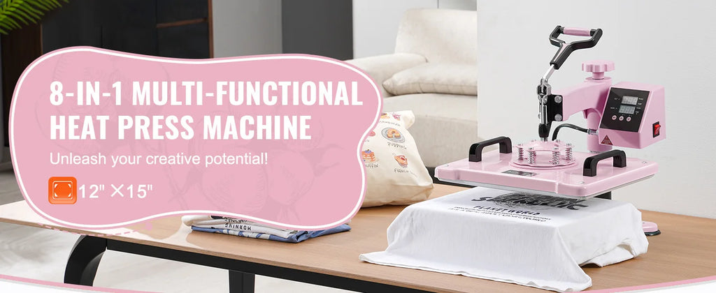SucceBuy 8-in-1 Heat Press Machine — 360° Swing Away, 12x15" or 15x15", T-Shirts, Mugs, Hats & Plates