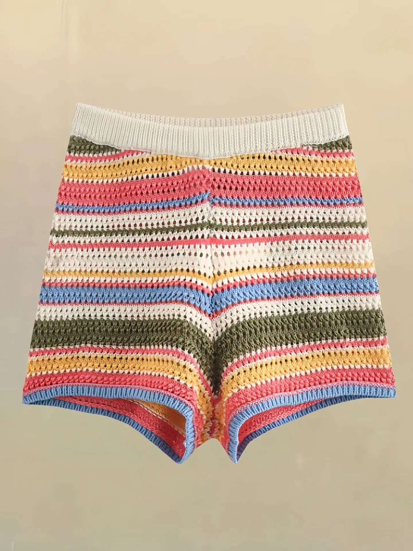 Women's Y2K Crochet Knit Crop Sweater & Shorts Set – Polo Collar Striped Patchwork Hollow Out