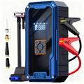 Blue and black jump starter with digital display and accessories on a white background