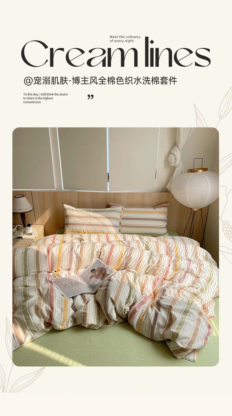 100% Cotton Stripe Bedding Set – Duvet Cover with Pillowcases, Twin to King