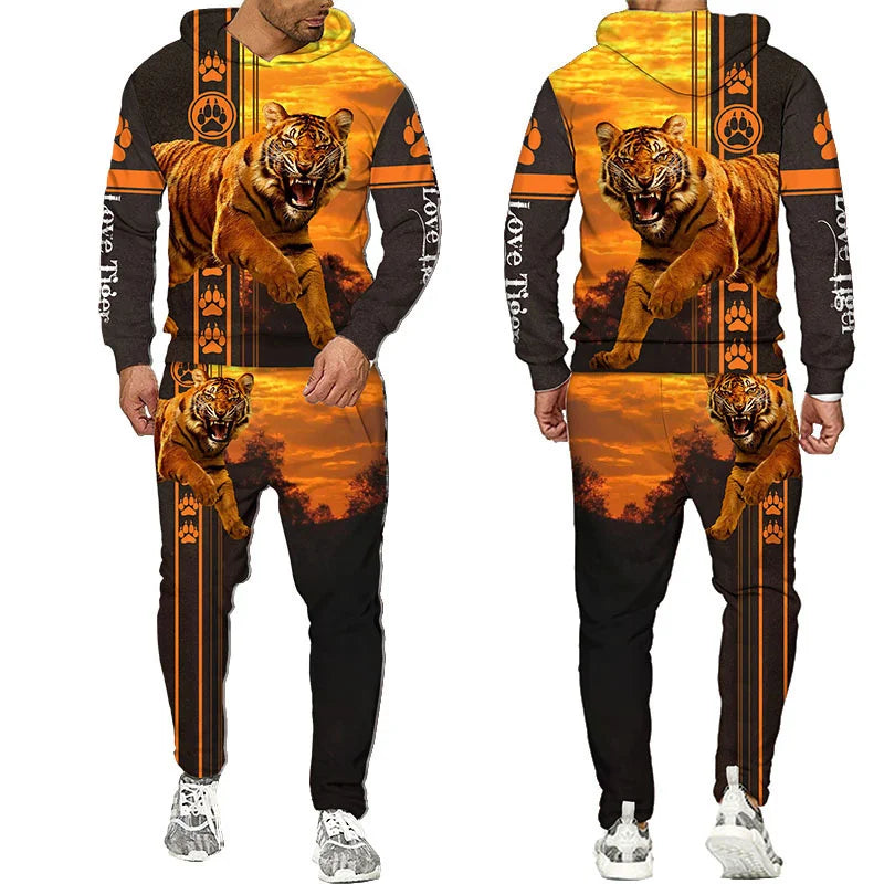 Men's 3D Tiger Print Hoodie & Pants Tracksuit Set – 2-Piece Sportswear