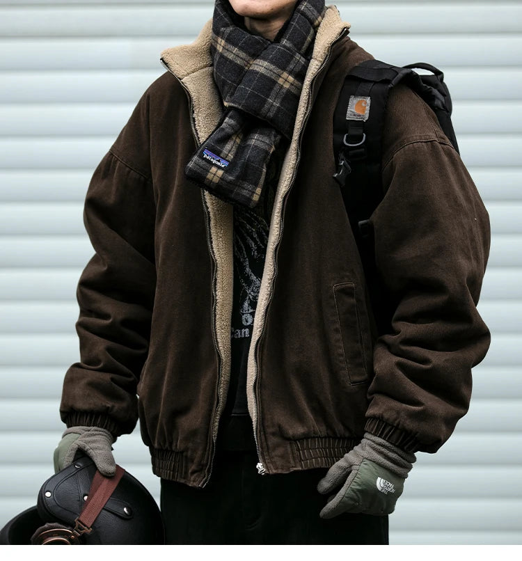 Men's Vintage Polar Fleece Jacket — Korean Streetwear Loose Warm Coat