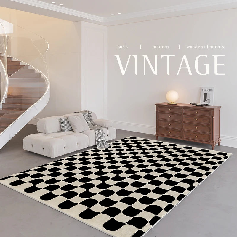 French Retro Checkerboard Plush Rug – Large Area Plaid Carpet for Bedroom & Living Room, 20 Styles & 10 Sizes