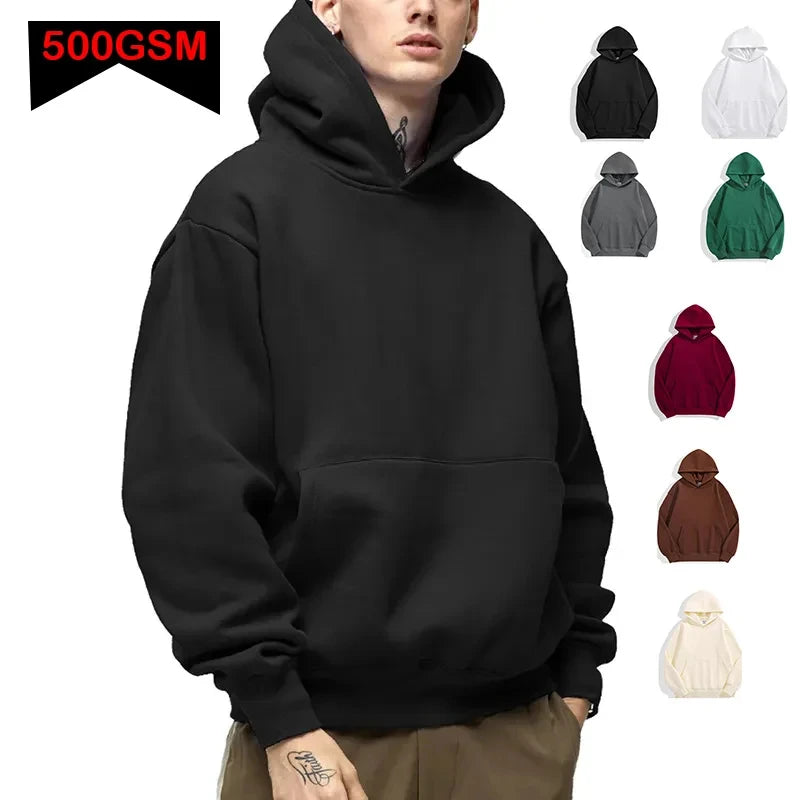 Men's Heavyweight Hoodie – 500GSM Thick Cotton Pullover Sweatshirt