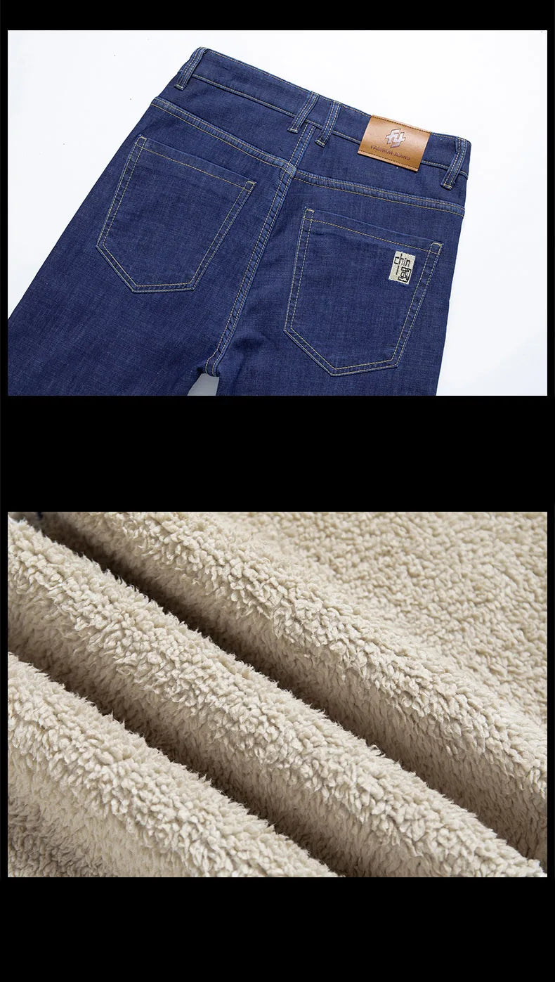Men's Fleece-Lined Straight Denim Jeans — Warm Thick Winter Stretch Jeans