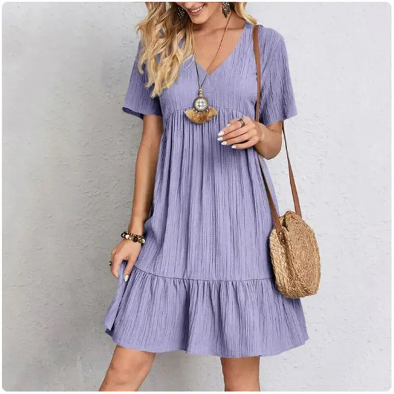 V-Neck Peplum Ruffle Dress — Short Sleeve Fit & Flare Summer Dress