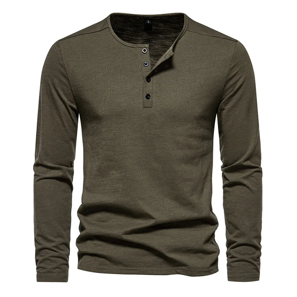 Men's Cotton Slim Fit Long Sleeve T-Shirt — Button Neck Casual Fitness Tee