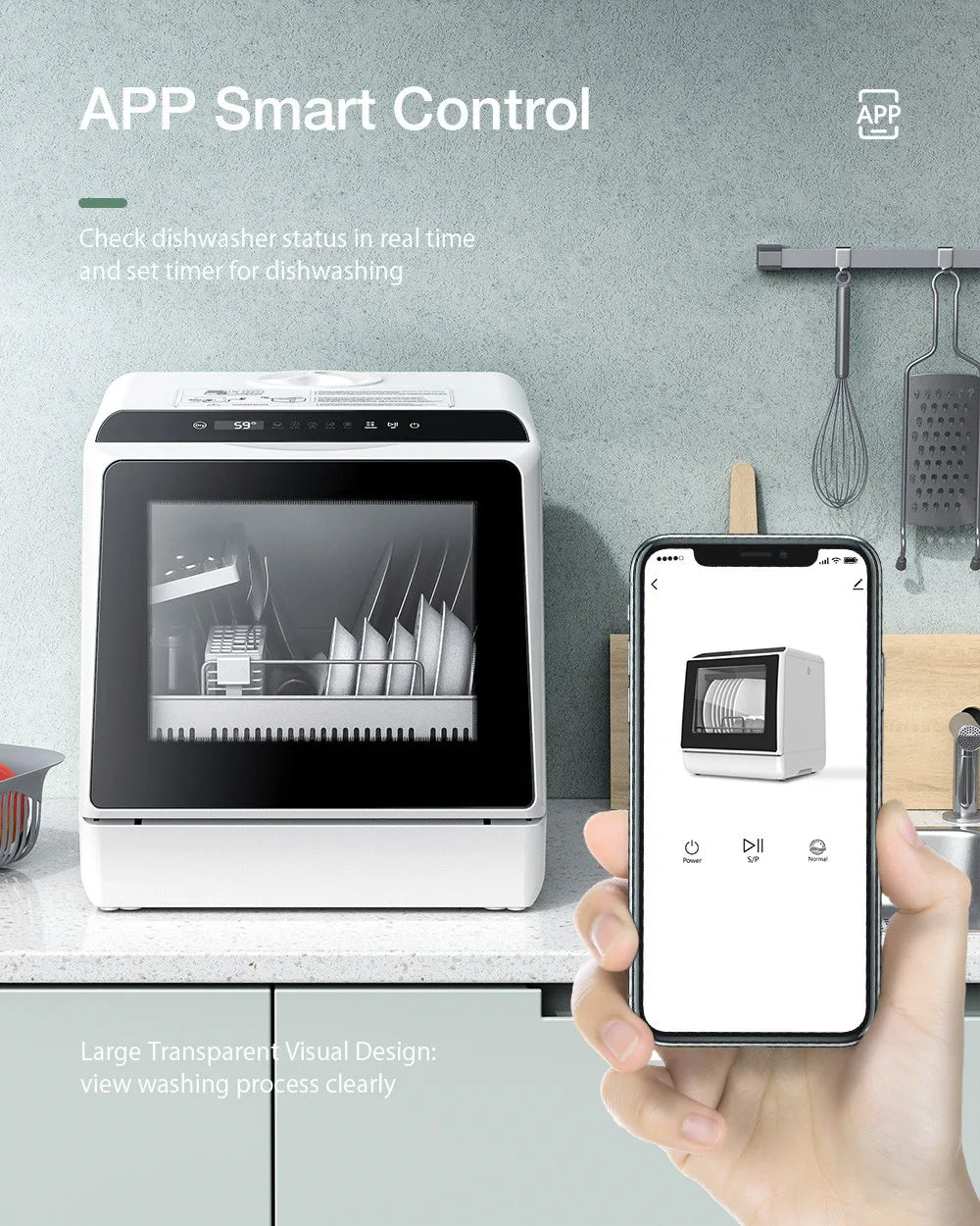 BlitzHome BH-CDW1 Smart Portable Countertop Dishwasher – APP Control, 4-6 Sets, Dual Water Inlet