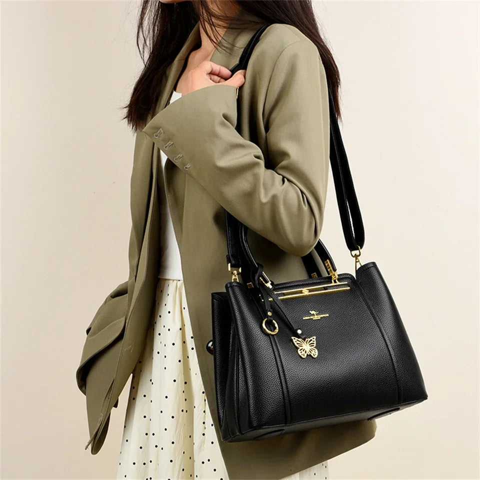 Luxury Genuine Leather 3-Layer Tote Bag – Large Capacity Crossbody Shoulder Bag for Women