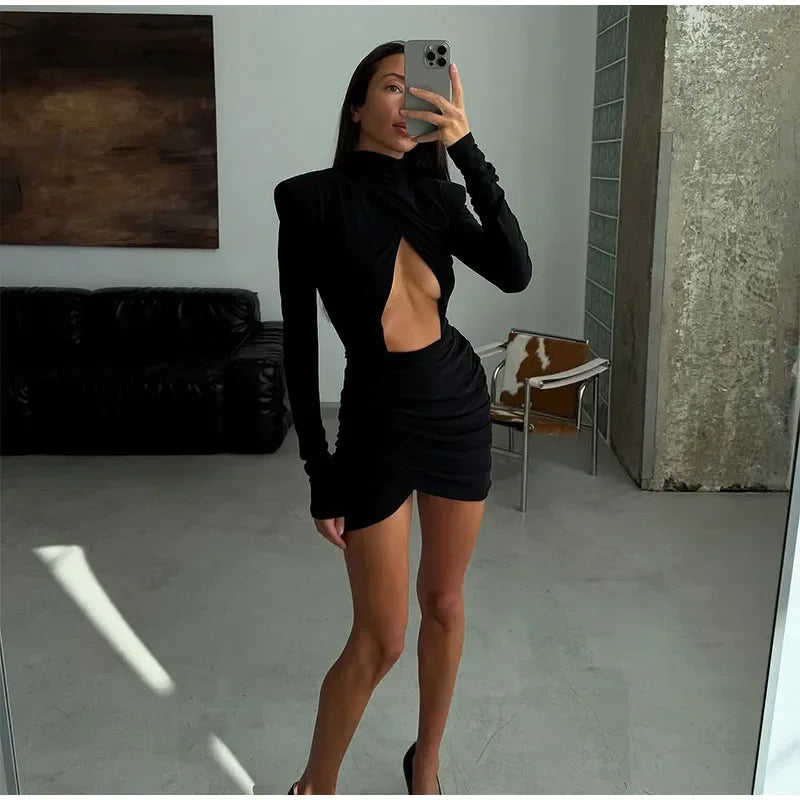 Waist-Cinching Blazer Mini Dress — V-Neck Full Sleeve Slim Office Dress