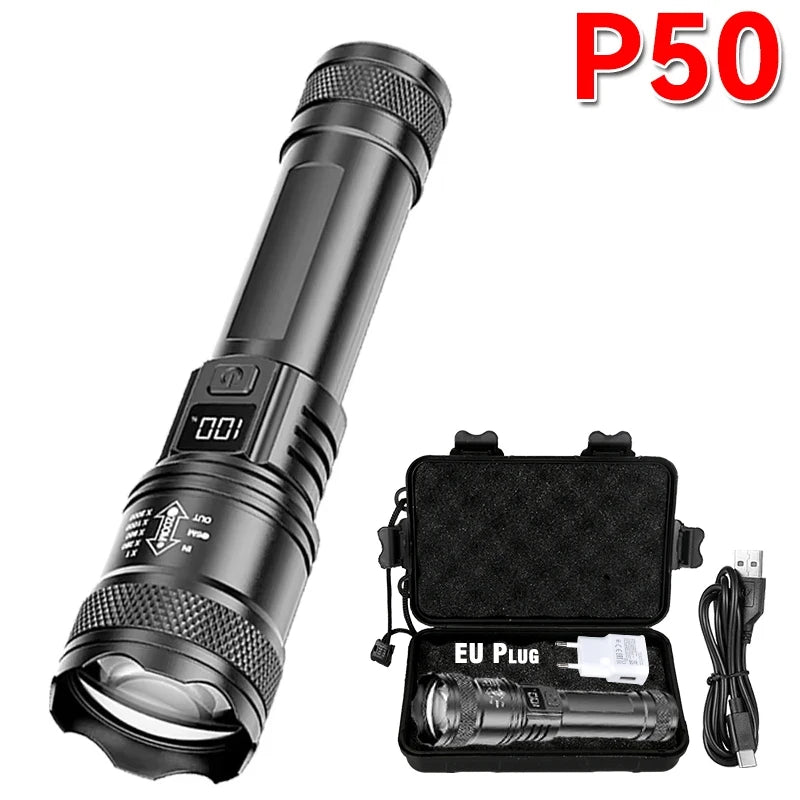 2000 Lumen P50 LED Tactical Flashlight – IP67 Waterproof, Telescopic Zoom, LCD Display, Type-C Rechargeable