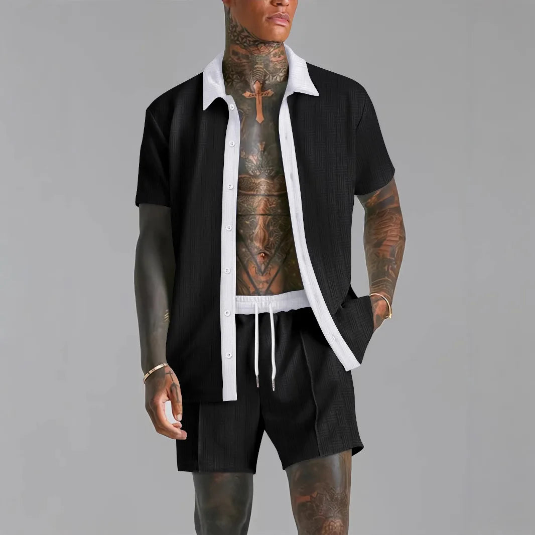 Men's Patchwork Transparent Lapel Shirt & Shorts Set – 2-Piece Summer Streetwear