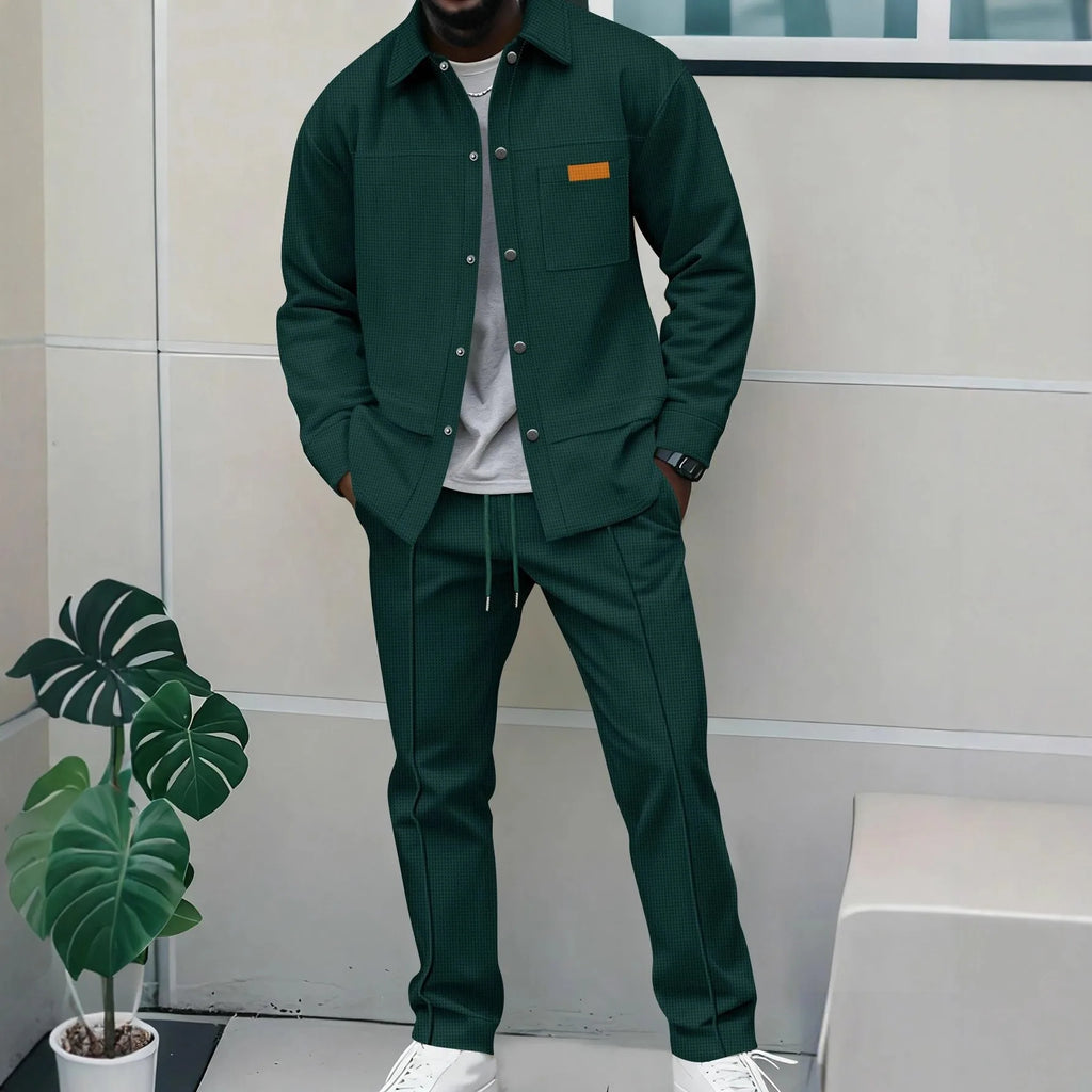Men's Waffle Knit Button-Down Long Sleeve Jacket & Pants Set – Plain Color Casual Suit