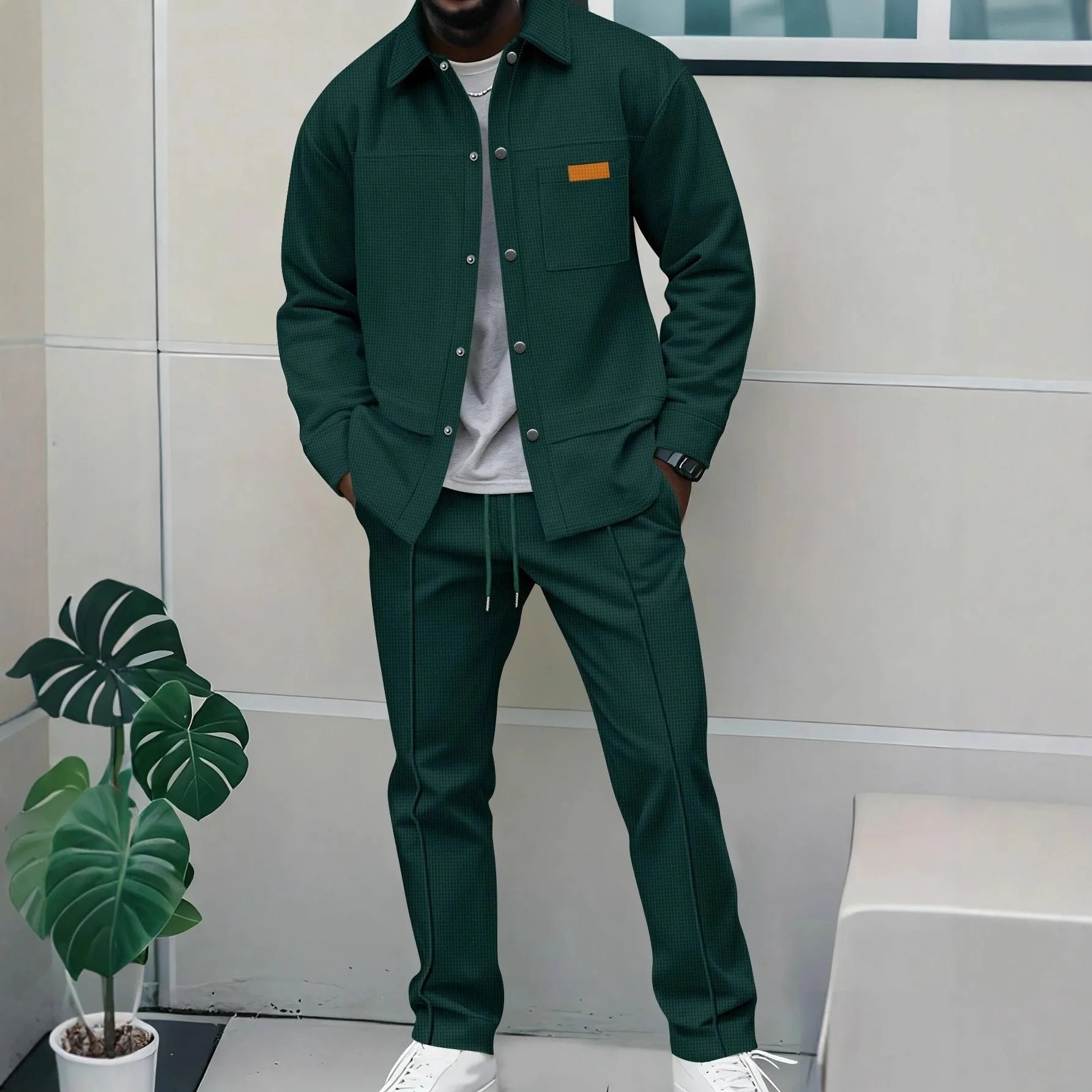 Men's Waffle Knit Button-Down Long Sleeve Jacket & Pants Set – Plain Color Casual Suit