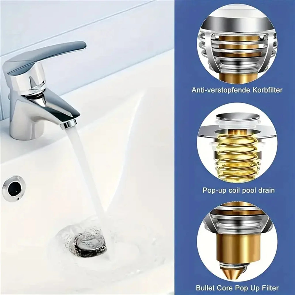 No More Clogged Drains — Pop-Up Chrome Sink Drain Stopper | Universal Rebound Filter with Hair Catcher, Easy Push Type