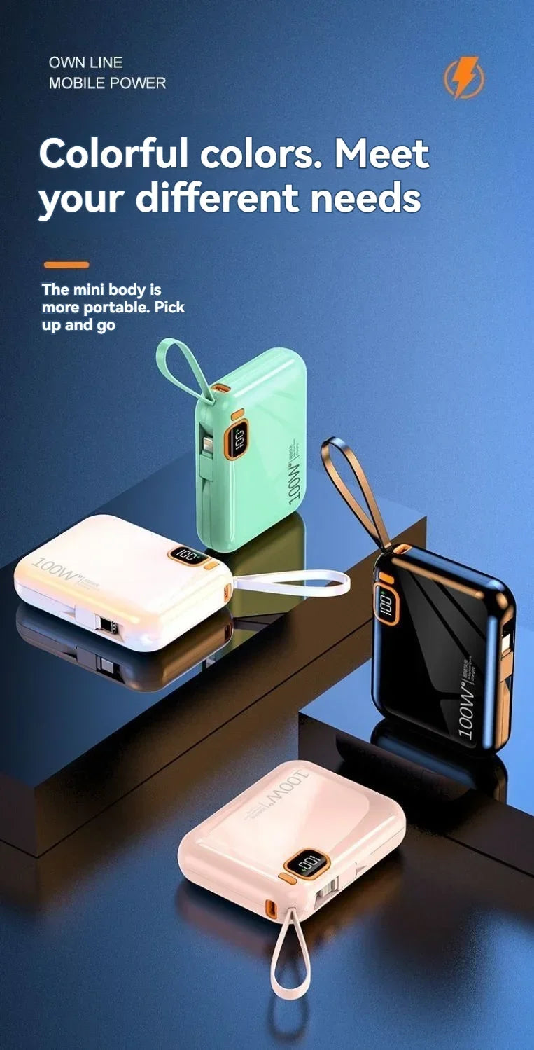 66W Portable Mini Power Bank 20000mAh – Built-in Cable, PD Fast Charging for iPhone & Android