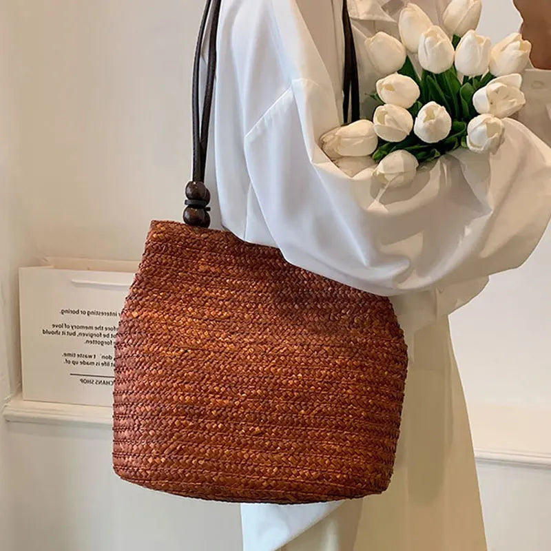 Handmade Straw Rattan Woven Tote Bag – Bohemian Beaded Summer Beach Shoulder Bag for Women