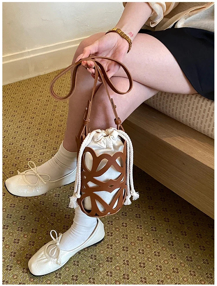 Brilliant Fish Hollow Out Drawstring Mini Bucket Crossbody Bag – Adjustable Strap Shoulder Bag for Women