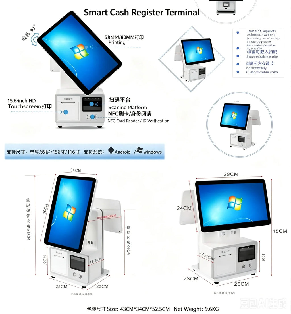 YPRXBD 15.6" Dual-Screen POS Terminal All-in-One – 4GB RAM, Win10/Android 11, Adjustable