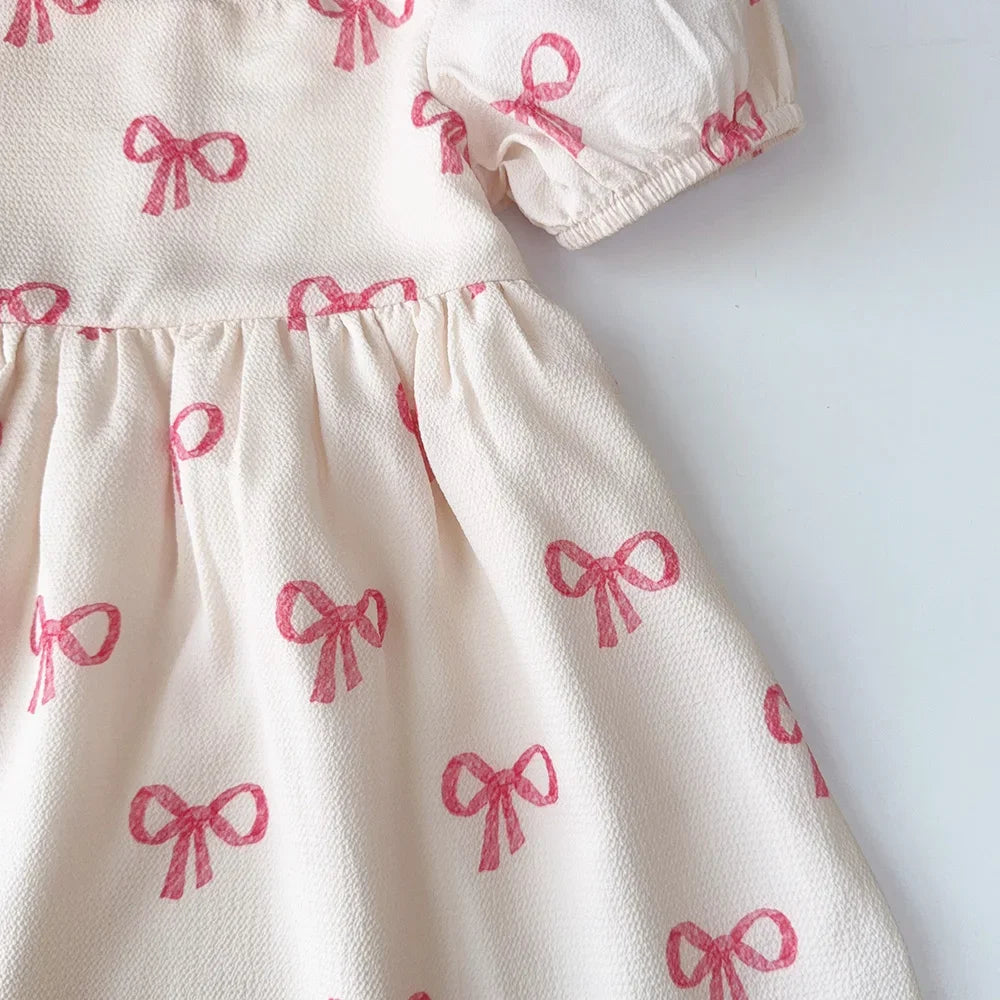 Bow Print Girls Casual Dress — Short Sleeve Sweet Summer Dress (3–7 Years)