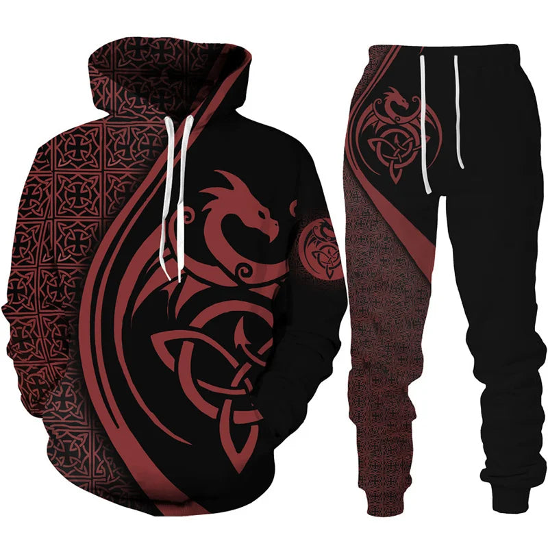 Dragon Print Hoodie Tracksuit Set – Oversized 2-Piece Sweatshirt & Pants