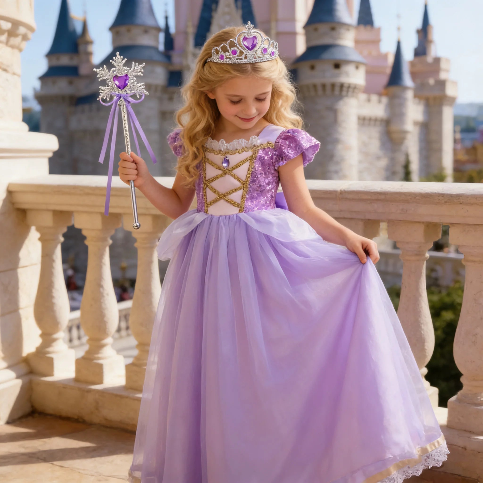 Girls Rapunzel Princess Costume Dress — Purple Puffy Halloween & Birthday Party Dress