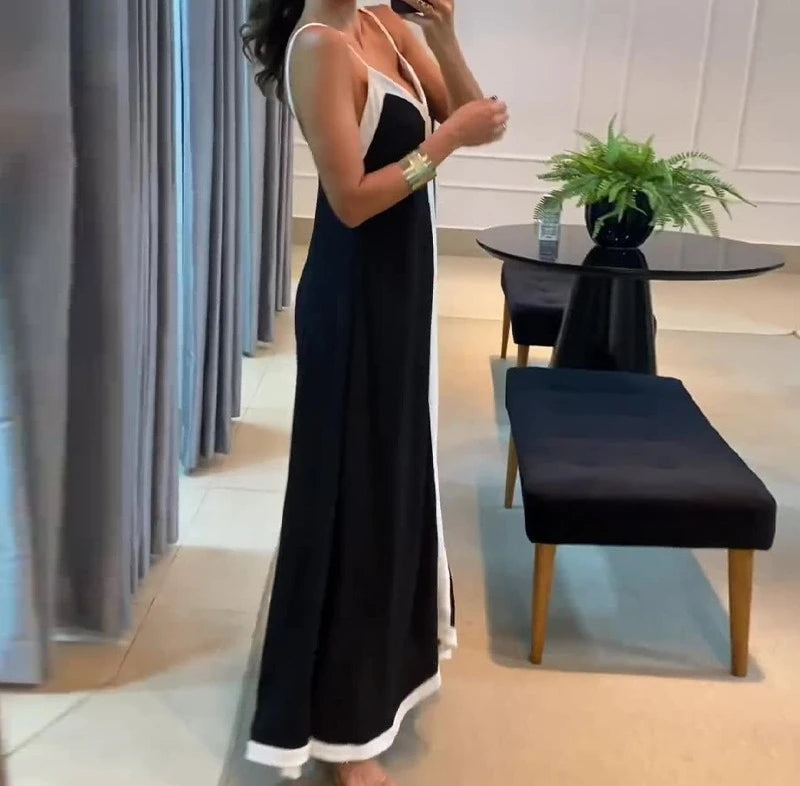 Black & White Contrast V-Neck Sleeveless Loose Long Dress — Elegant Casual Summer Dress