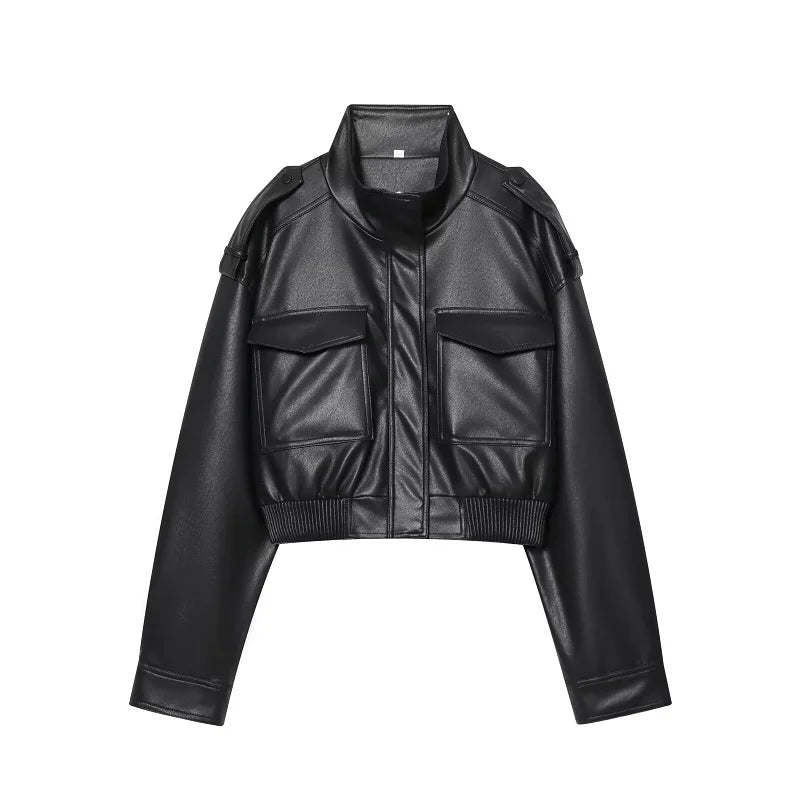 Women's Faux Leather Cropped Bomber Jacket – Zip-Up Moto Biker Coat
