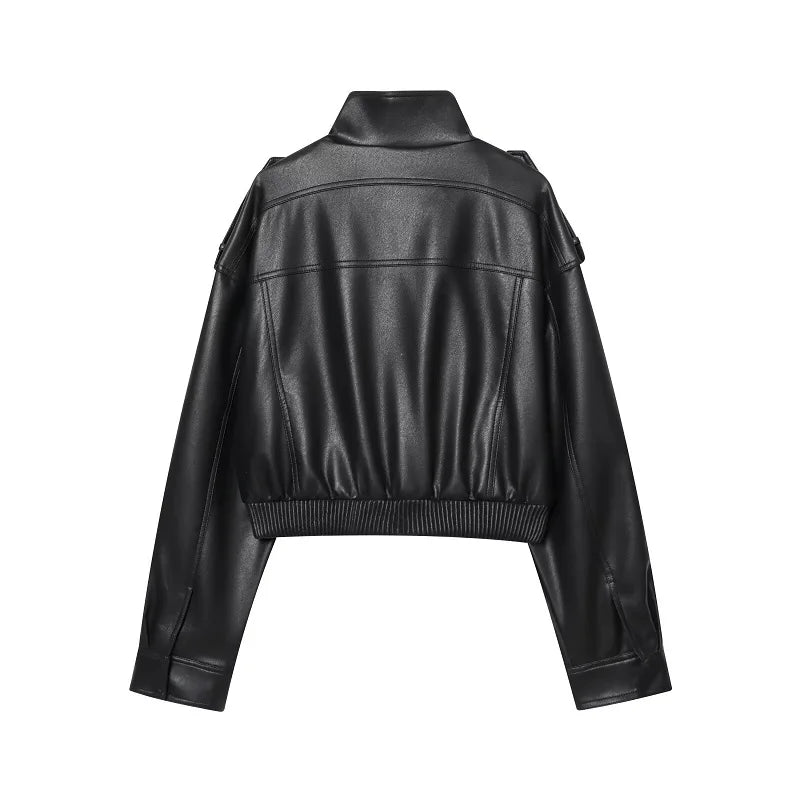 Women's Faux Leather Cropped Bomber Jacket – Zip-Up Moto Biker Coat