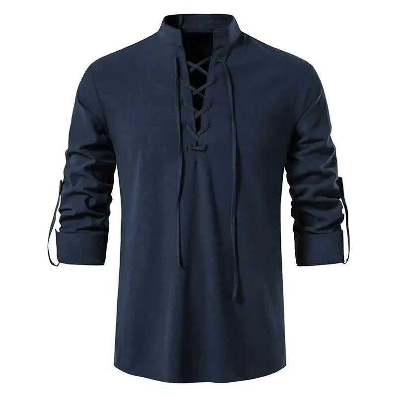 Men's Cotton Linen Drawstring Long Sleeve Shirt — Vintage Casual US Size Top