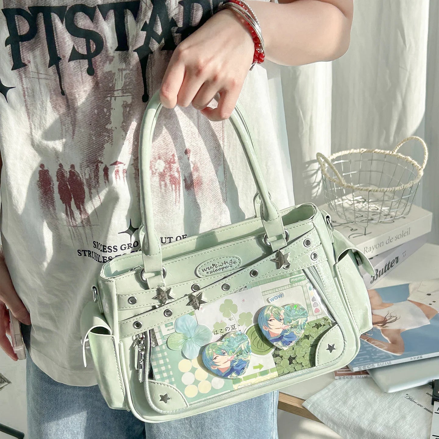 Miyagawa Transparent Rivet PU Tote Bag – Multi-Function Crossbody Shoulder Handbag for Women
