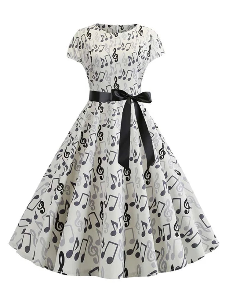 50s 60s Retro Music Note Print Swing Vintage Dress — Casual Party Rockabilly Dress