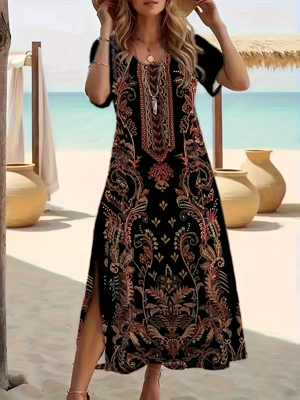 Loose Casual Print A-Line Dress — Short Sleeve O-Neck Elegant Temperament Dress