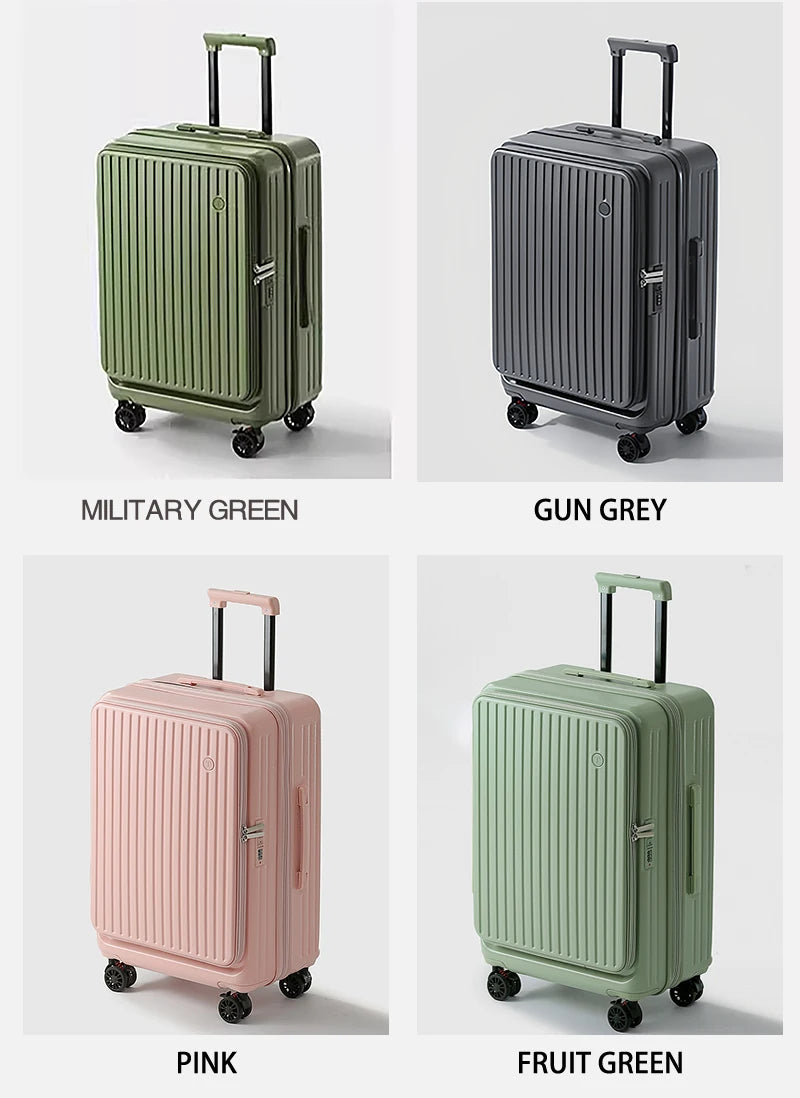 Expandable Front-Opening Suitcase – Cup Holder & Spinner Wheels
