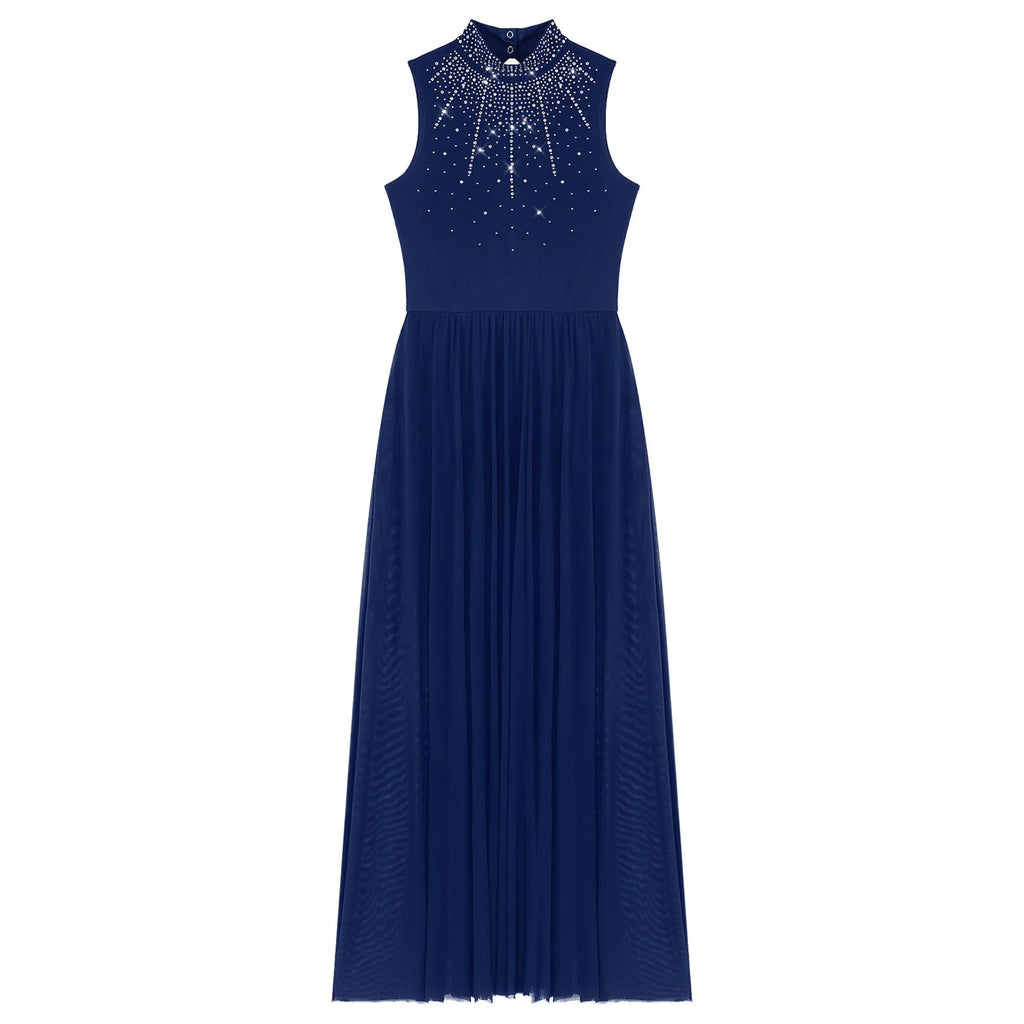 Rhinestone Maxi Sleeveless Contemporary Dance Dress — Mock Neck Wide Hemline Lyrical Leotard