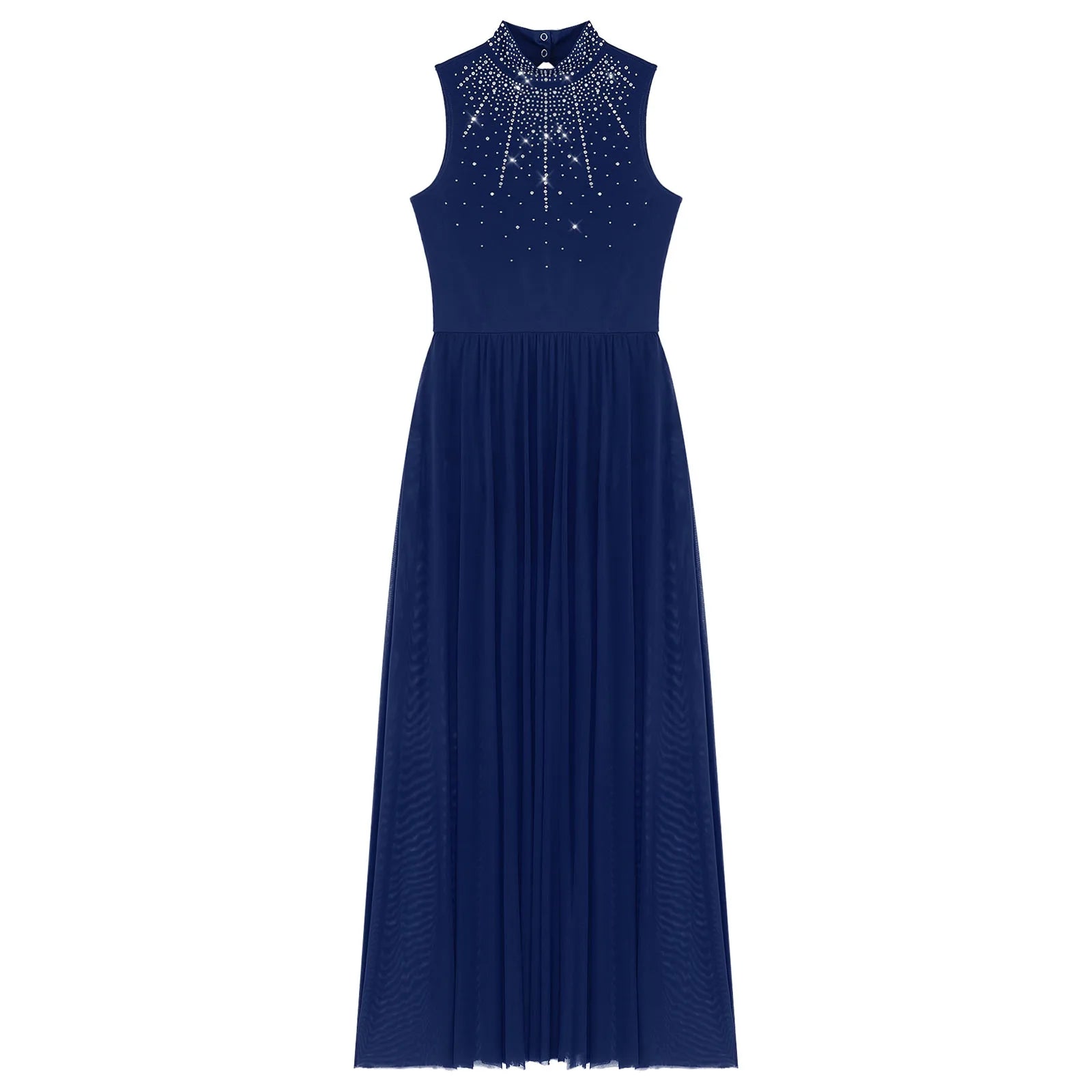 Rhinestone Maxi Sleeveless Contemporary Dance Dress — Mock Neck Wide Hemline Lyrical Leotard