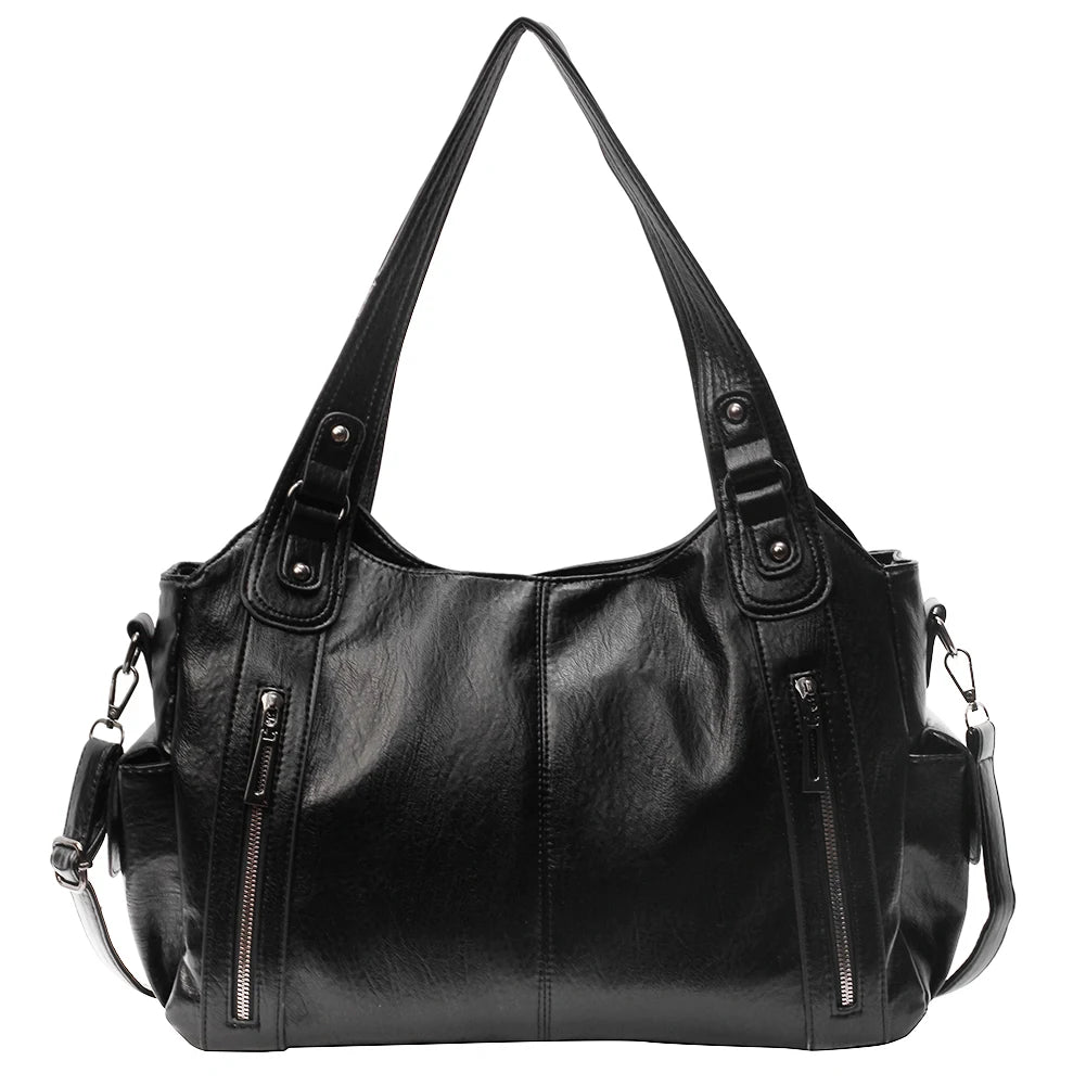 PU Leather Tote Bag with Zipper for Women — Multi-Pocket Shoulder Bag, Retro Crossbody Handbag