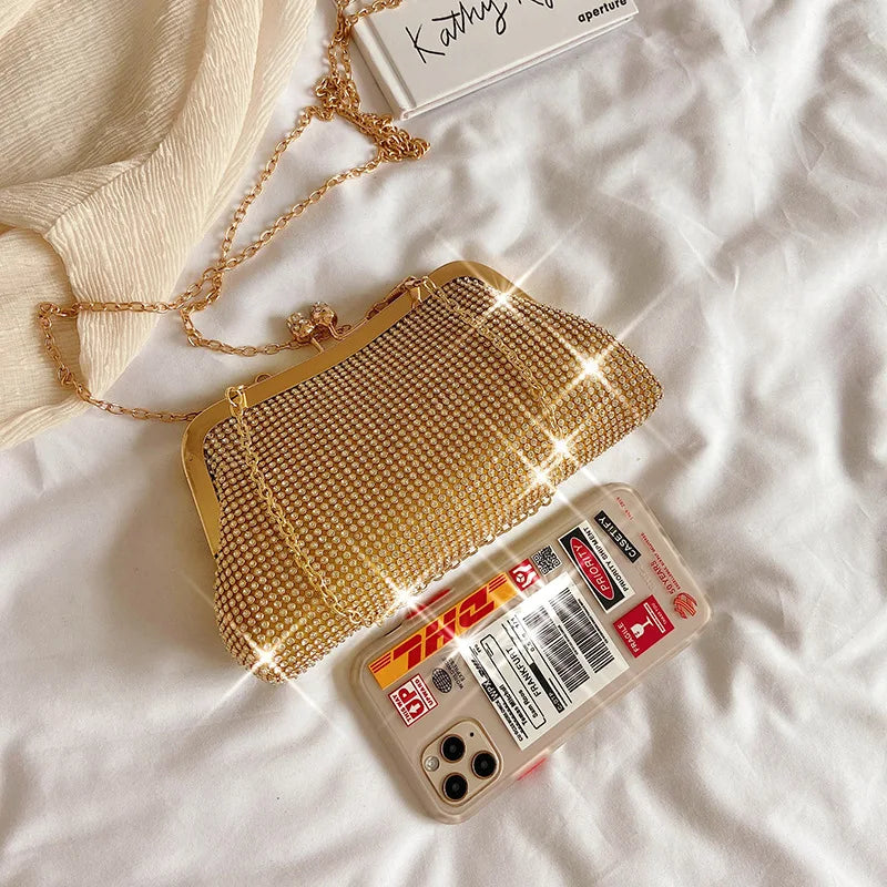 Golden Metal Bow Evening Clutch Bag – Shiny Bridal Chain Shoulder Bag for Wedding & Party