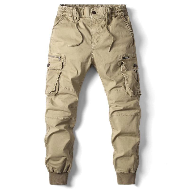 Men's Cotton Cargo Pants — Multi-Pocket Tactical Joggers in Khaki, Black & Army Green