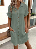 V-Neck Cotton Linen Mini Dress — Three-Quarter Sleeve Casual Holiday Dress