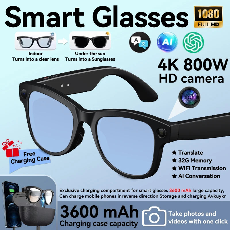 Smart Glasses with 3600mAh Power Bank — Bluetooth Audio & Built-In Battery