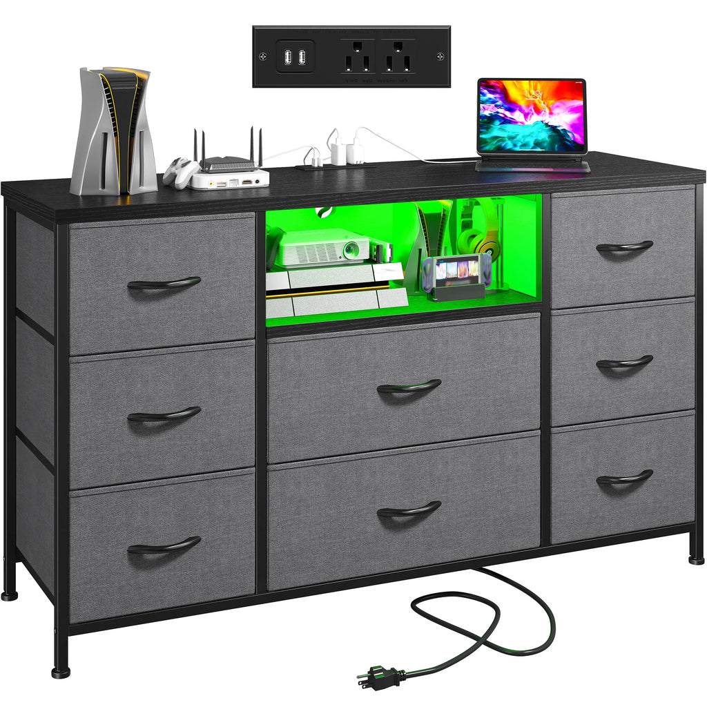 8-Drawer Media Dresser with LED Lighting & Built-In Charging Station — Fabric Storage Cabinet for 55" TVs
