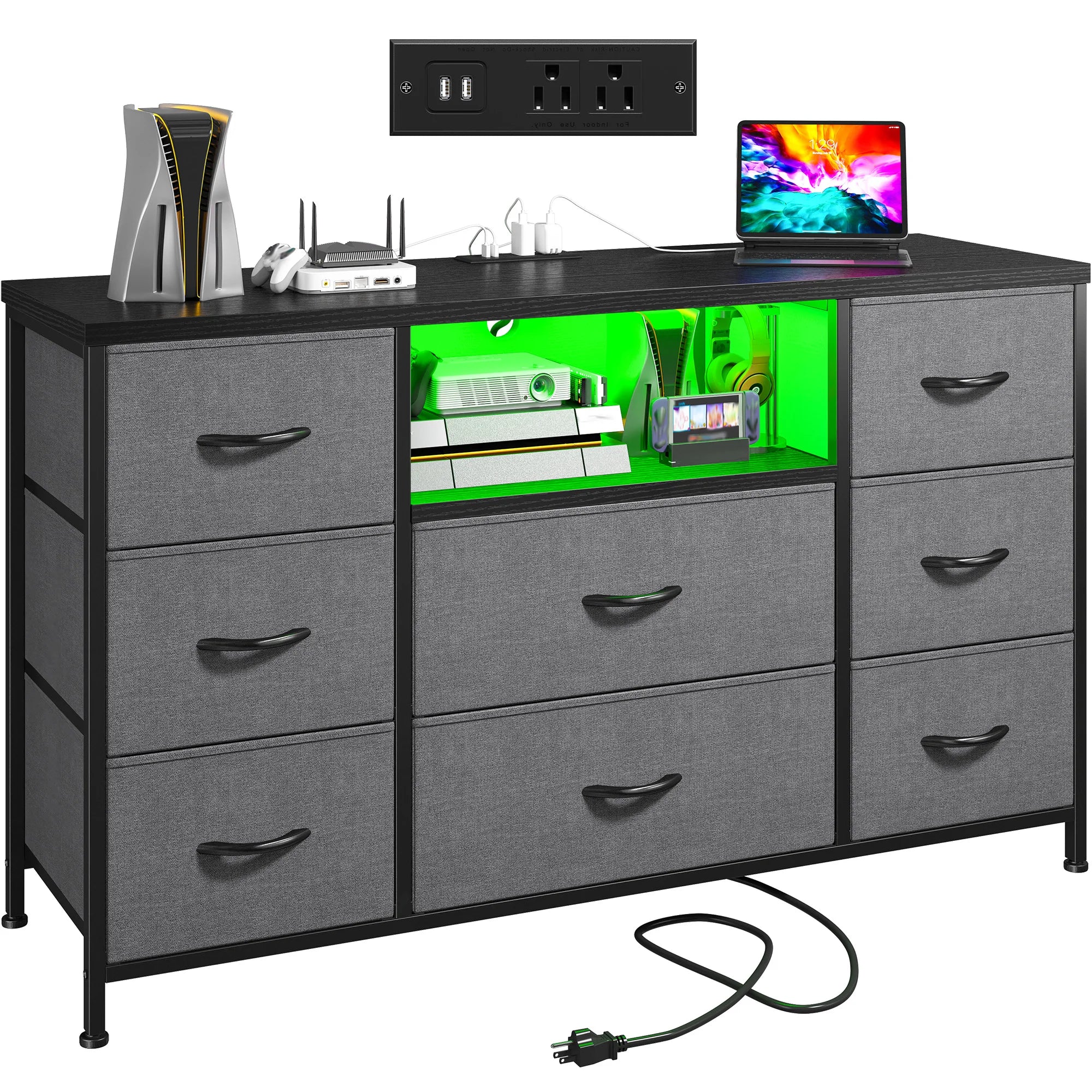 8-Drawer Media Dresser with LED Lighting & Built-In Charging Station — Fabric Storage Cabinet for 55" TVs